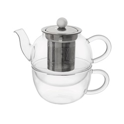 konvička na čaj 350ml se šálkem 300ml set 2v1 sklo s nerez sítkem